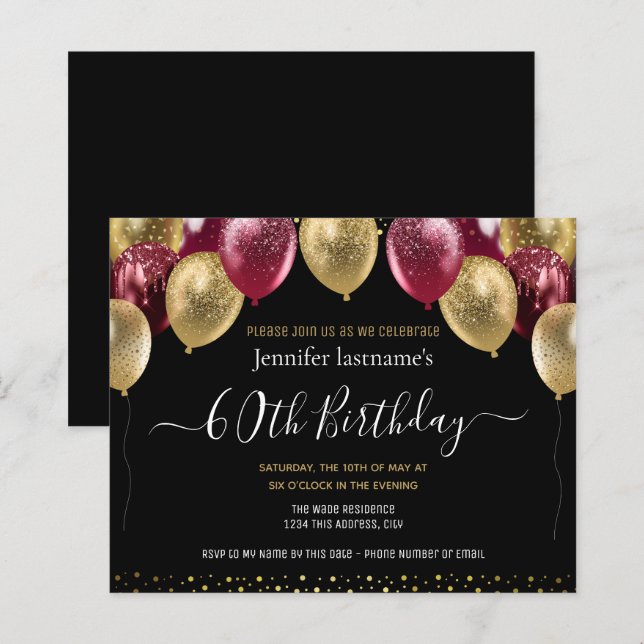Gold Maroon Glitter Balloons 60th Birthday (Front/Back)