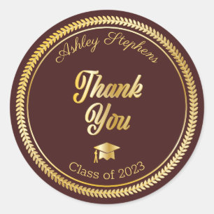 Gold   Maroon Grad Cap Class of 2023 Thank You Classic Round Sticker