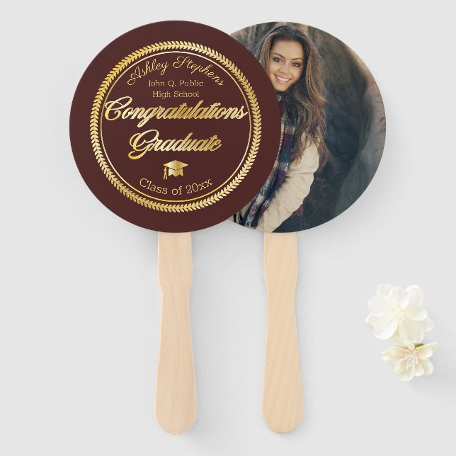 Gold Maroon Graduation Photo Class of 2019 Hand Fan (Front and Back)