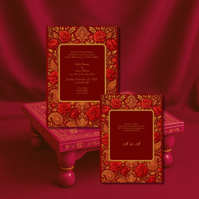 gold Maroon Rose mango Paisley Hindu Wedding  Invitation (Creator Uploaded)