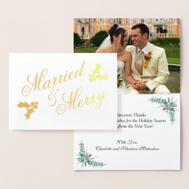 Gold Married and Merry Christmas Holiday Photo Foil Card (Display)