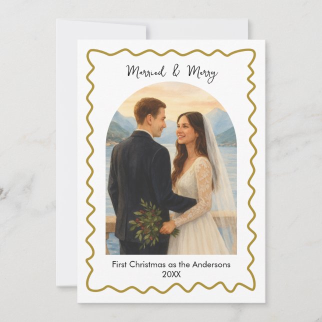  Gold Married and Merry First Christmas Photo  Holiday Card (Front)