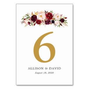 Gold Marsala Boho Floral Table Numbers