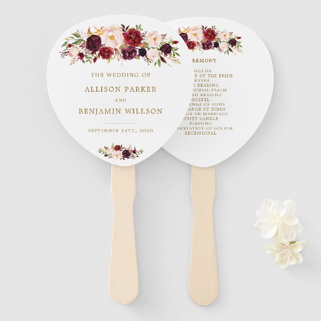 Gold Marsala Flowers Boho Wedding Program Fans (Front and Back)