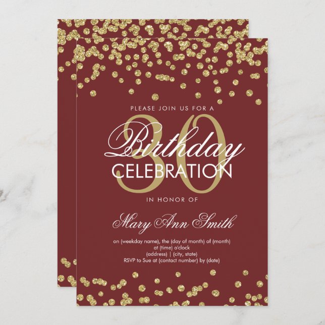 Gold Marsala Glitter Confetti 30th Birthday Invitation (Front/Back)