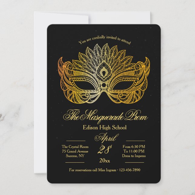 Gold Mask Masquerade Prom Invitation (Front)