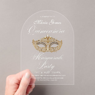 Gold Mask Masquerade Quinceanera Birthday Acrylic Invitations