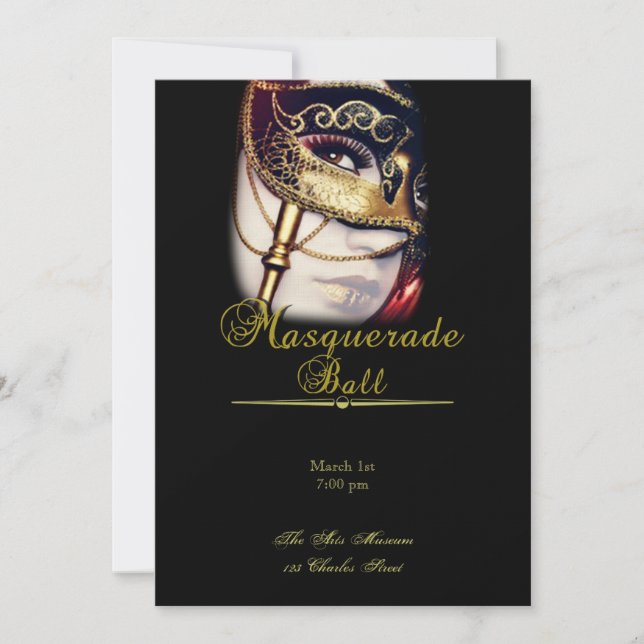 Gold Mask on Black Masquerade Party Invitation (Front)