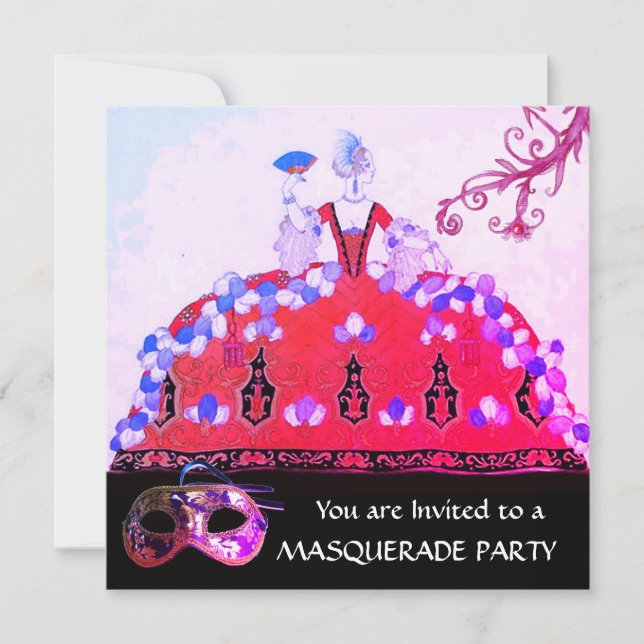 GOLD MASKS,LADY IN PINK FUCHSIAw MASQUERADE PARTY Invitation (Front)