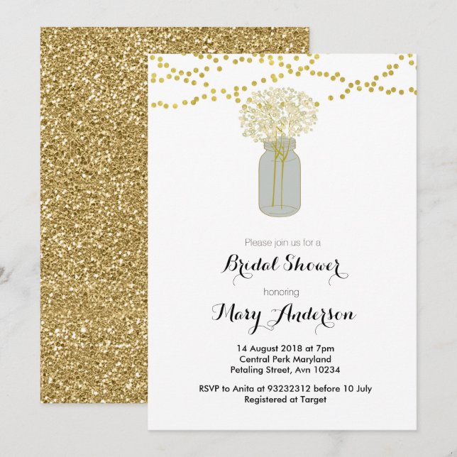 Gold Mason Jar Bridal Shower Invitation (Front/Back)