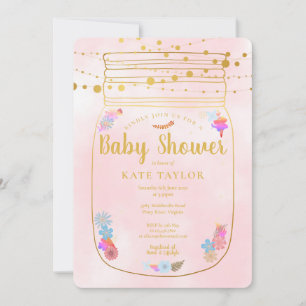 Gold Mason Jar String Lights Pink Baby Shower Invitation