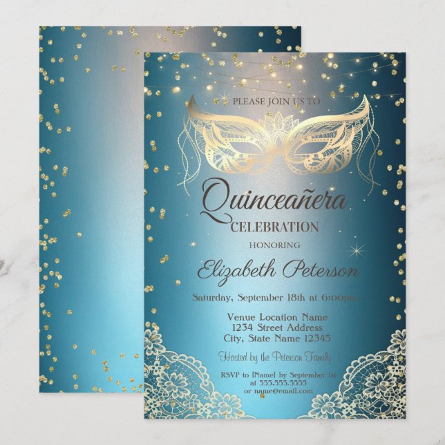 Gold Masqu Lace, Diamonds Quinceañera  Invitation (Front/Back)