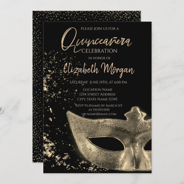 Gold Masque,Confetti  Quinceañera  Invitation (Front/Back)