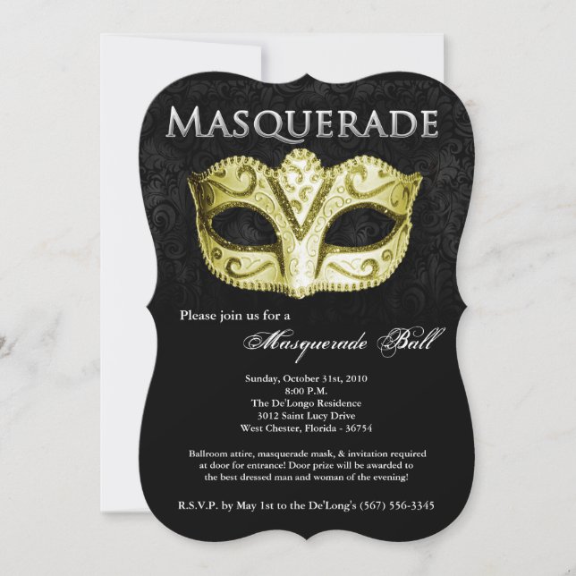 Gold Masquerade Ball Mask Costume Halloween Part Invitation (Front)