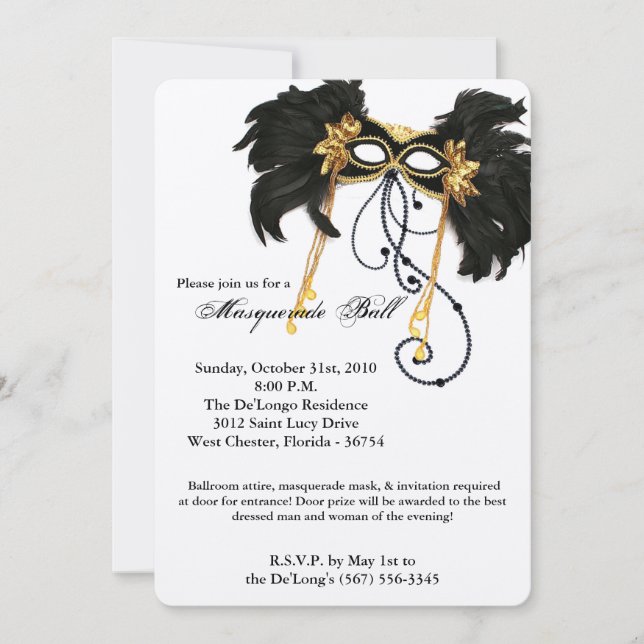 Gold Masquerade Ball Mask Costume Halloween Part Invitation (Front)