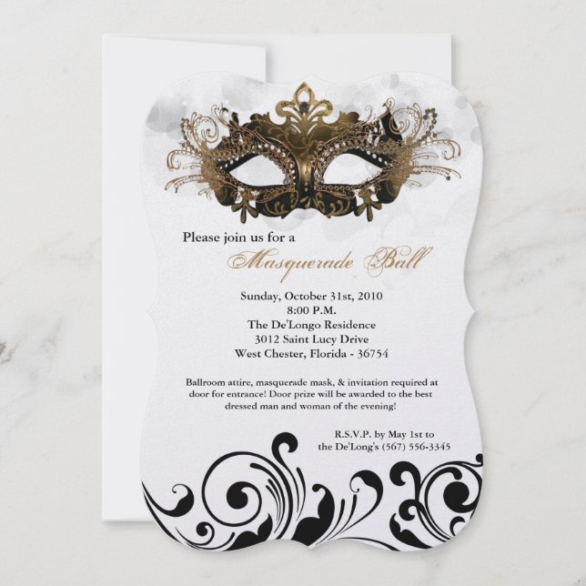 Gold Masquerade Ball Mask Costume Halloween Part Invitation (Front)