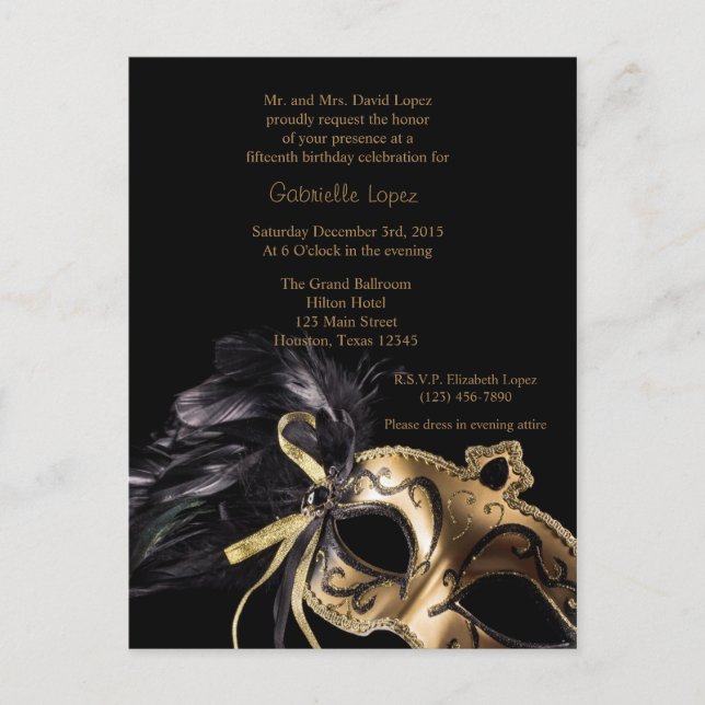 Gold Masquerade Ball Quinceanera 15th Birthday Postcard (Front)