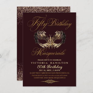 Gold Masquerade Birthday Burgundy Mask Invitation