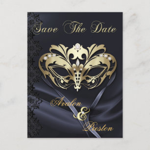Gold Masquerade Black Jewel Save The Date Postcard