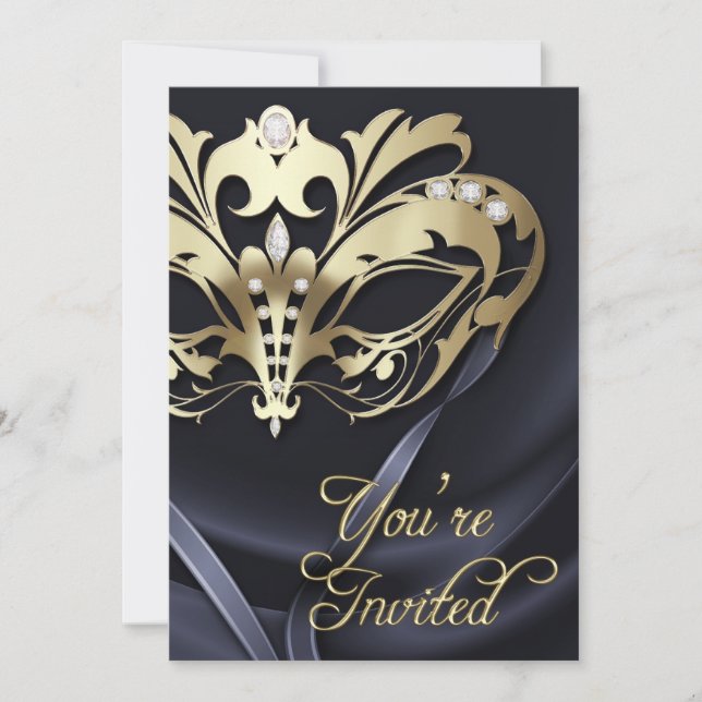 Gold Masquerade Black Jewelled Party Invitation (Front)