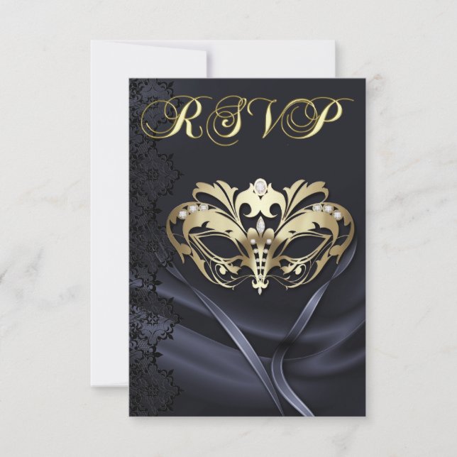 Gold Masquerade Black Jewelled RSVP Invitation (Front)