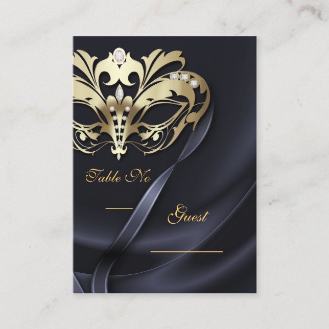 Gold Masquerade Black Jewelled Table PlaceCard (Front)