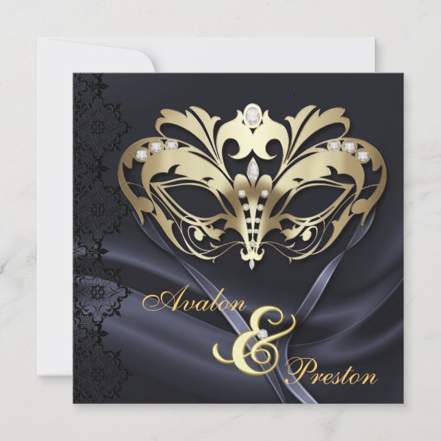 Gold Masquerade Black Jewelled Wedding Invitation (Front)