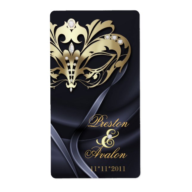 Gold Masquerade Black Jewelled Wedding Wine Label (Front)