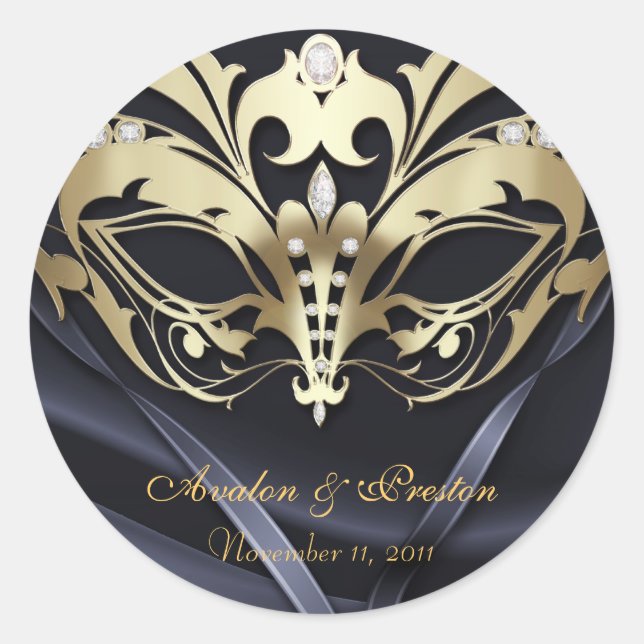 Gold Masquerade Black Wedding Sticker (Front)
