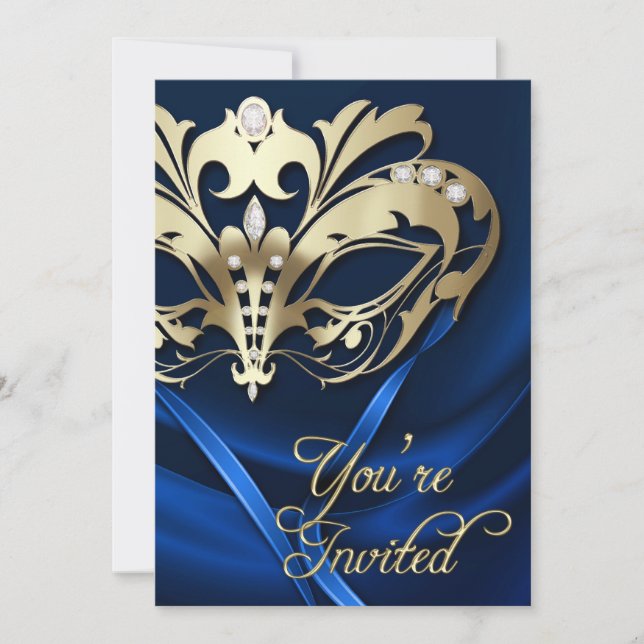 Gold Masquerade Blue Jewelled Party Invitation (Front)