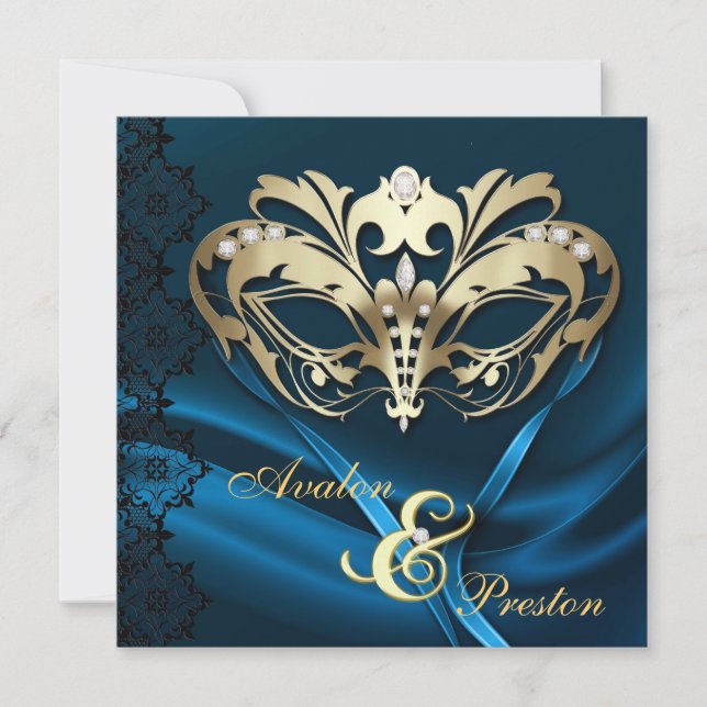 Gold Masquerade Blue Jewelled Wedding Invitation (Front)