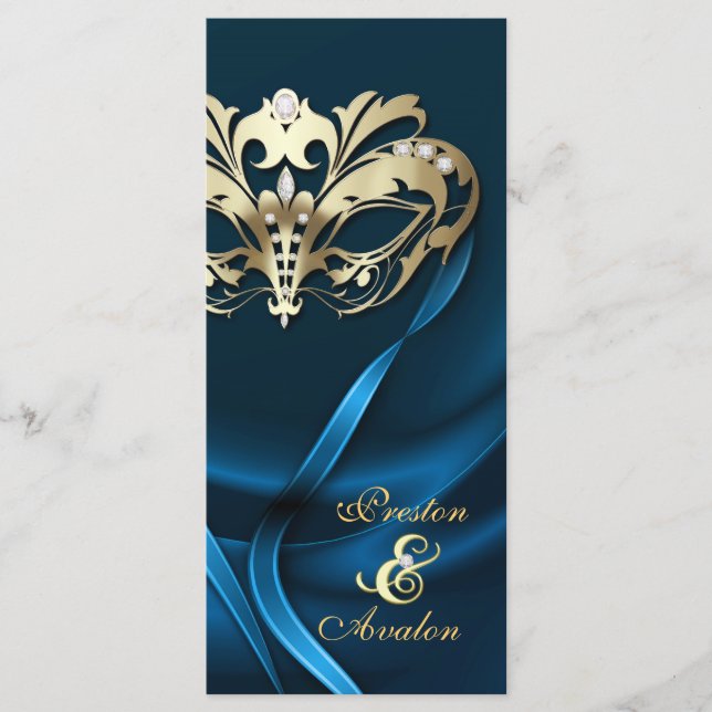 Gold Masquerade Blue Jewelled Wedding Program Programme (Front)