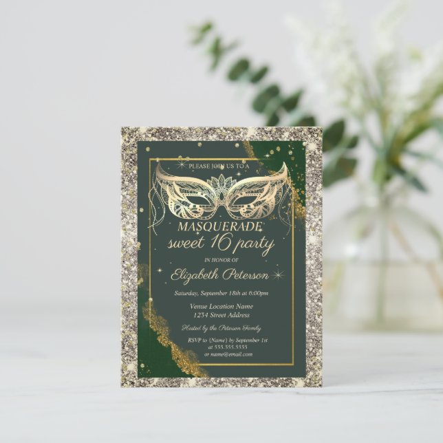 Gold Masquerade Glitter Green Sweet 16  Invitation (Standing Front)