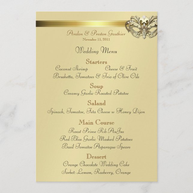 Gold Masquerade Green Jewel Wedding Menu (Front)