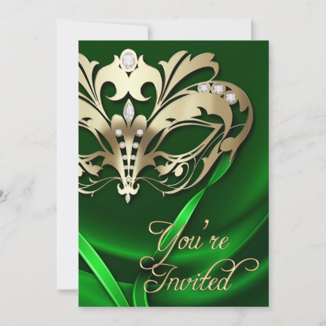 Gold Masquerade Green Jewelled Party Invitation (Front)