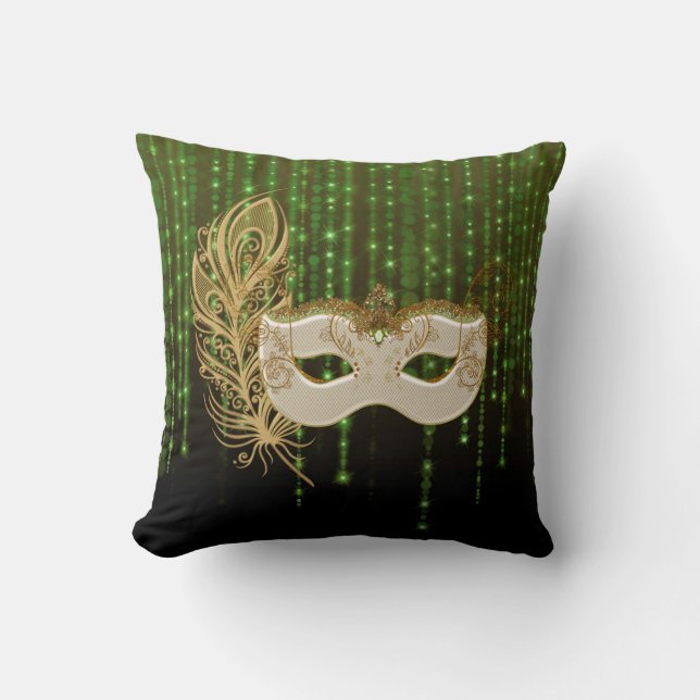 Gold Masquerade Green String Lights Square Pillow (Front)