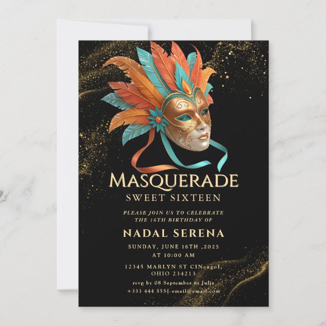 gold masquerade invitation (Front)