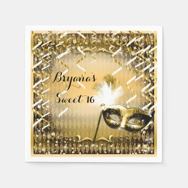 Gold Masquerade Mask Elegant Ball Birthday Party Napkin (Front)