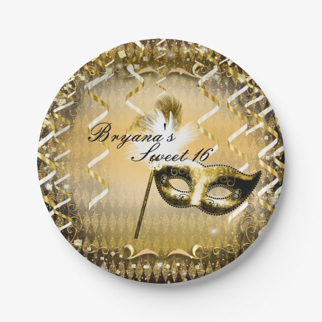 Gold Masquerade Mask Elegant Ball Birthday Party Paper Plate (Front)