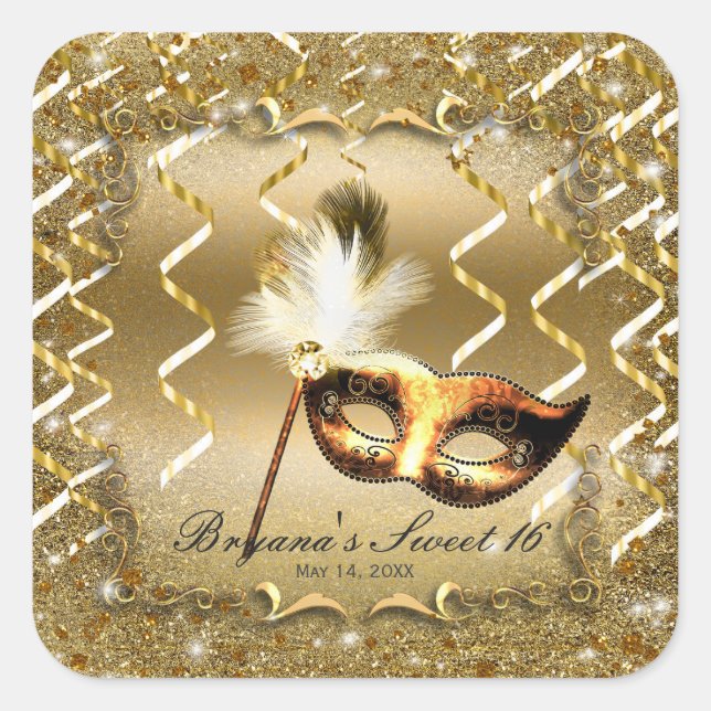Gold Masquerade Mask Elegant Ball Birthday Party Square Sticker (Front)
