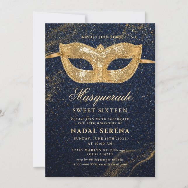 gold masquerade mask Sweet 16 Invitation (Front)