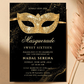 gold masquerade mask Sweet 16 Invitation