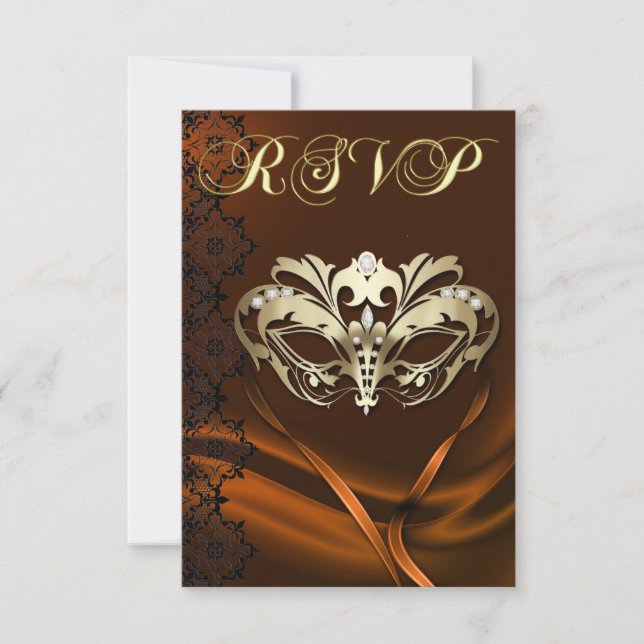 Gold Masquerade Orange Jewelled RSVP Invitation (Front)