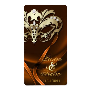 Gold Masquerade Orange Jewelled Wedding Wine Label