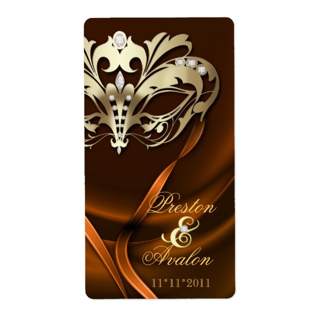 Gold Masquerade Orange Jewelled Wedding Wine Label (Front)