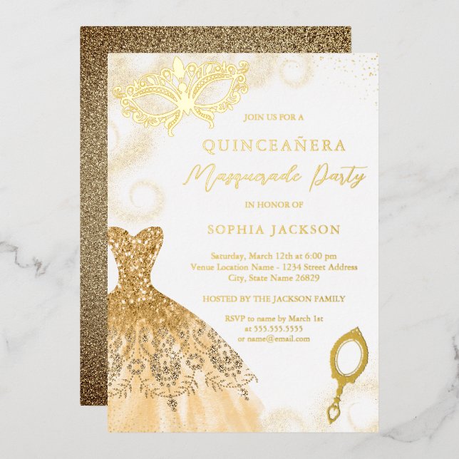 Gold Masquerade Party Dress Quinceanera Foil Invit (Front/Back)