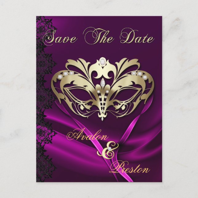 Gold Masquerade Pink Jewel Save The Date Postcard (Front)