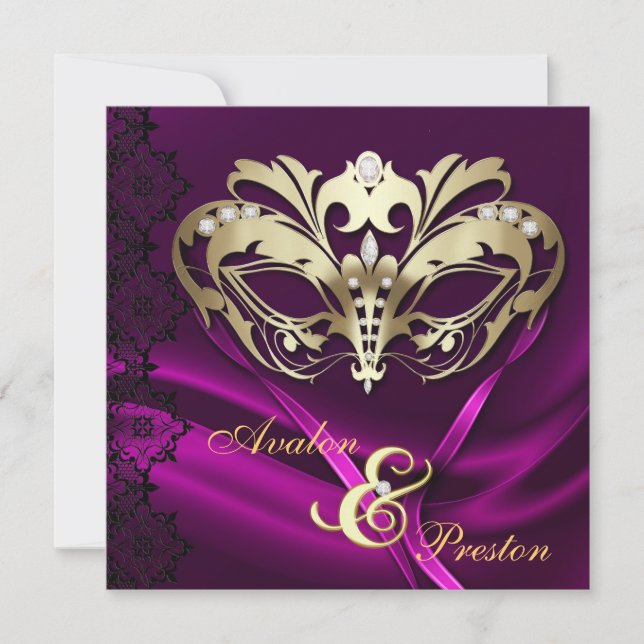 Gold Masquerade Pink Jewelled Wedding Invitation (Front)