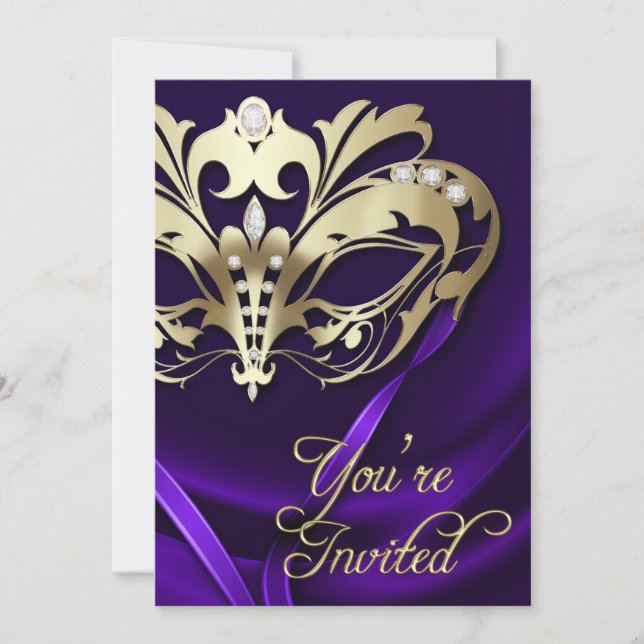 Gold Masquerade Purple Jewelled Party Invitation (Front)