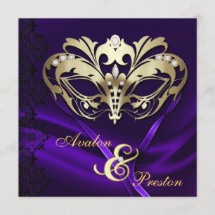 Gold Masquerade Purple Jewelled Wedding Invitation